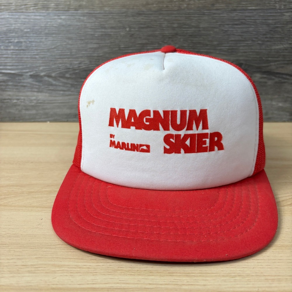 Vintage‎ Magnum Skier Hat Cap Snapback Trucker Red Marlin
